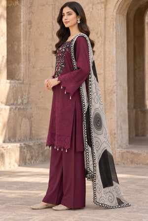 Model wearing plum chicken kari dress price in pakistan set with plain dyed viscose trouser, side view at Buraqstore