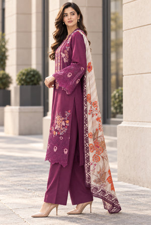 Model wearing purple karandi winter collection with plain dyed karandi trouser, side view of unstitched 3PC at Buraqstore