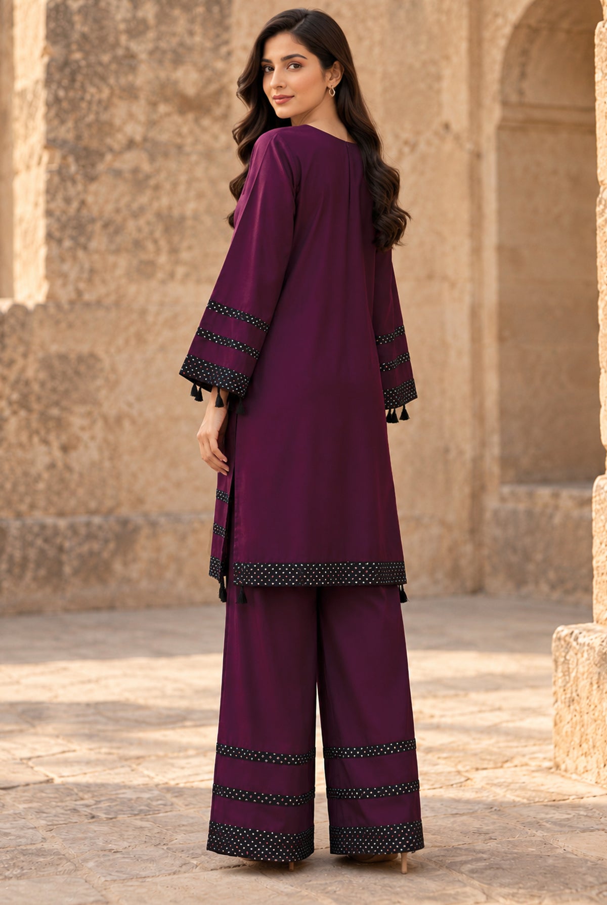 Model wearing purple linen shirt for women 2PC in a relaxed pose, soft breathable dyed linen by Buraqstore
