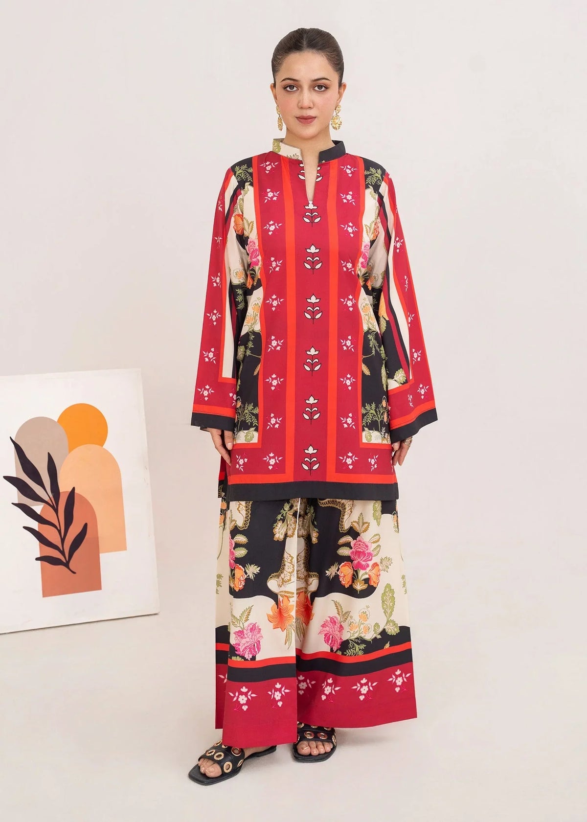Model wearing red color dress, printed grip 2PC set, front view from Buraqstore