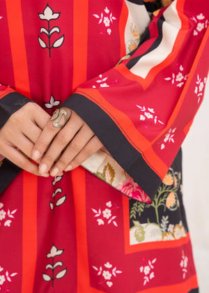 Women wearing red color dress, back view of the printed grip shirt and trouser, Buraqstore
