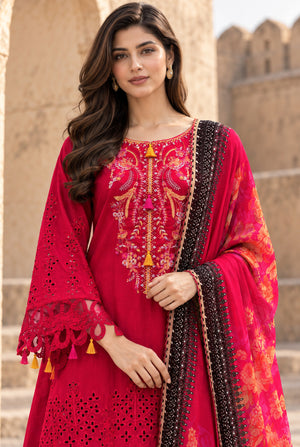 Women wearing red chicken kari brand sale online set with digital printed chiffon dupatta draped on the shoulder, Buraqstore