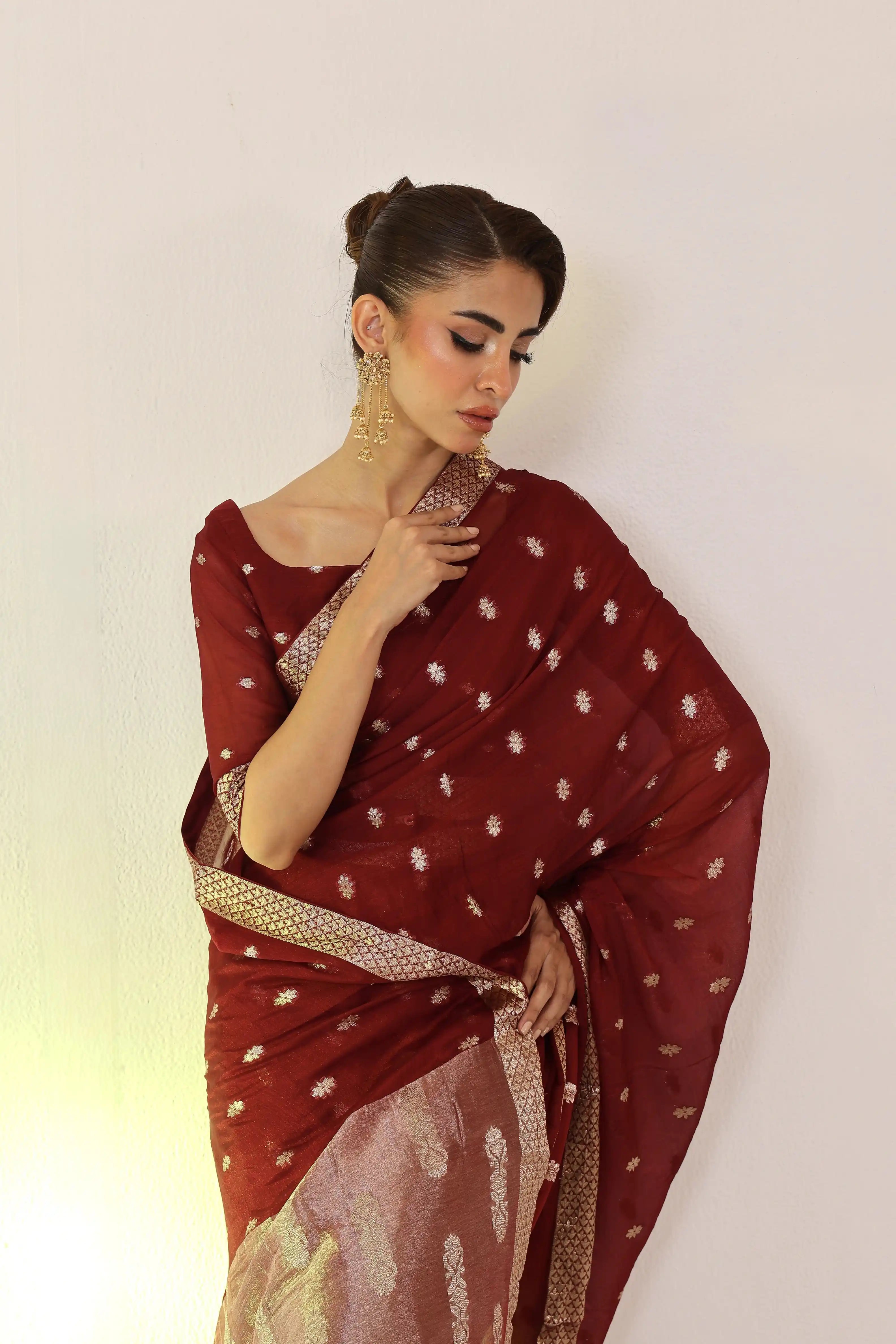 Maroon Banarsi Saree 3Pcs