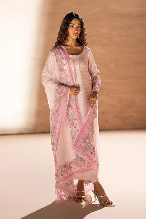 Model wearing rose pink sheesha silk price in pakistan set, 3PC with floral embroidery, front view from Buraqstore