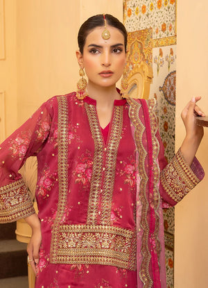 Model wearing pink color dress, side view showing the fall of the silk 3-piece set, Buraqstore