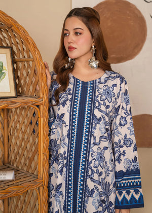 Model wearing royal blue dress pakistani as a casual outfit, shop printed poly lawn 2PC at Buraqstore