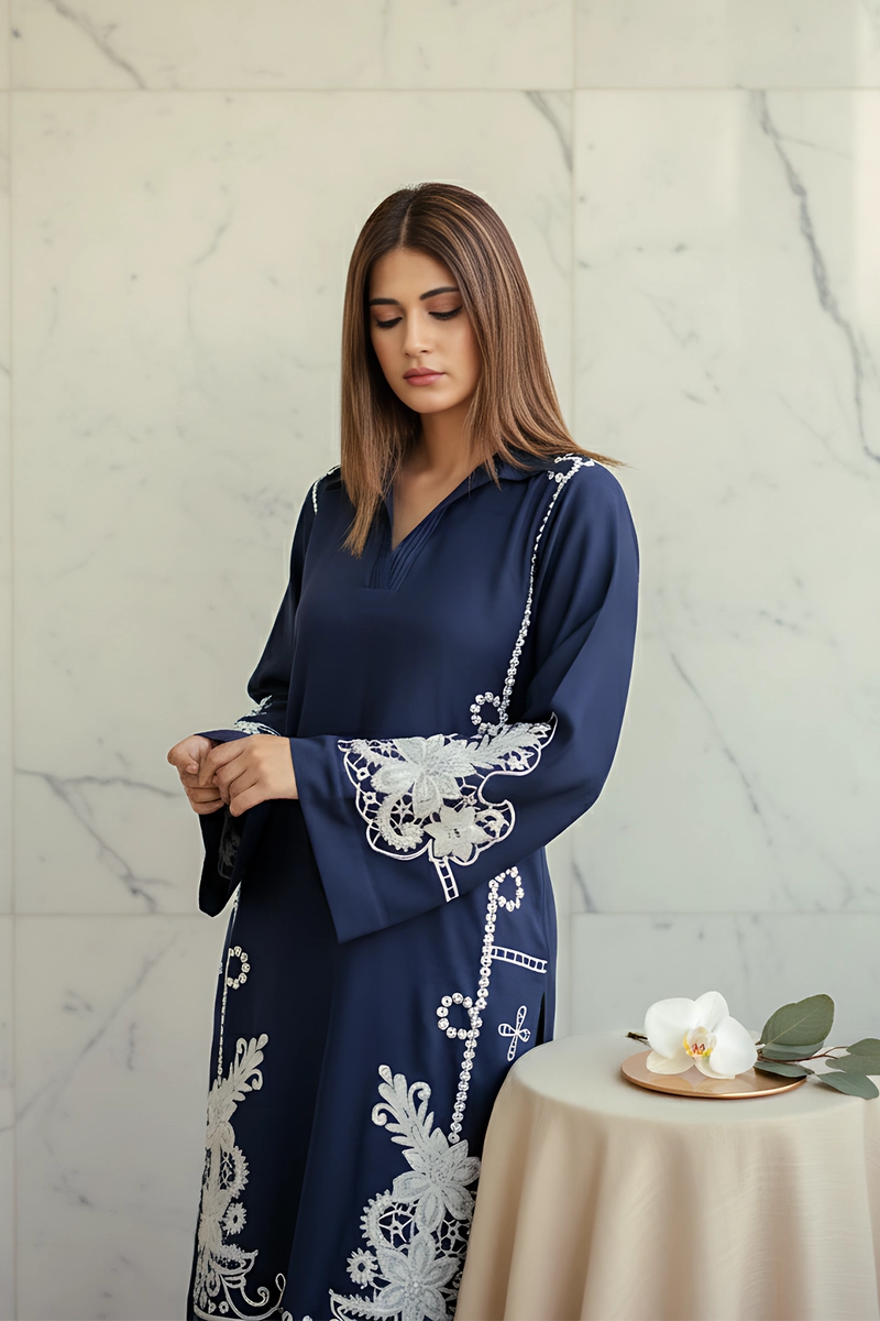 model wearing royal blue dress by Buraqstore stylish modern wear