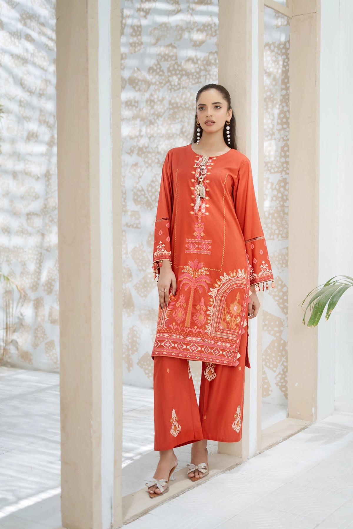 Orange Dress, Embroidered Lawn 2PC | Buraq Store