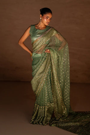 Women wearing sage green saree online pakistan in medium organza with sequins embellishment, front view from Buraqstore