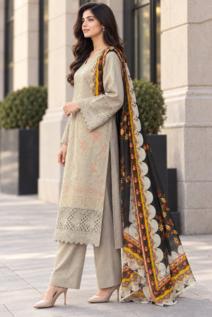Model wearing sage green karandi trouser in plain dye, original karandi suit price in Pakistan, side view at Buraqstore