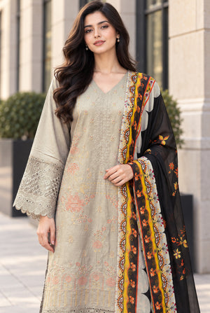 Women wearing sage green karandi set with digital printed chiffon dupatta, original karandi suit price in Pakistan, Buraqstore