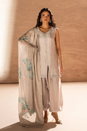 Model wearing silver-gray sheesha silk dress price in pakistan set, 3PC with balloon pant, front view from Buraqstore