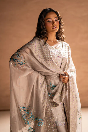 Model wearing silver-gray sheesha silk dress price in pakistan set as a festive outfit, shop 3PC set at Buraqstore