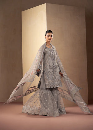 Woman wearing silver colour dress, close-up of the embroidery and embellishment on the shirt, Buraqstore