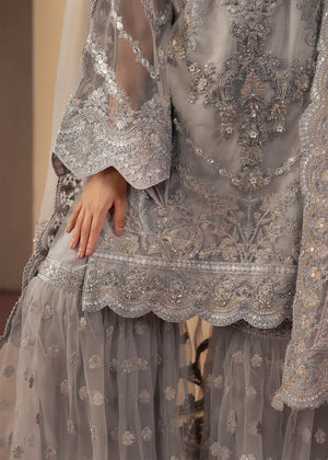 Women wearing silver colour dress, net dupatta draped over the shoulder, Buraqstore