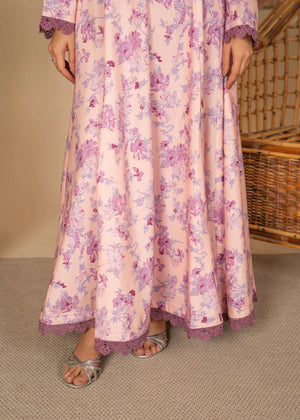 Model wearing simple pink dress pakistani, side view showing the fit of the printed poly lawn 1PC, Buraqstore