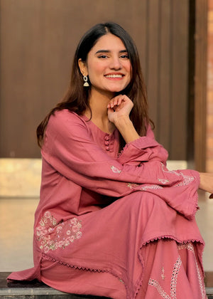 Women wearing tea pink color dress, back view of the embroidered dhanak shirt and trouser, Buraqstore