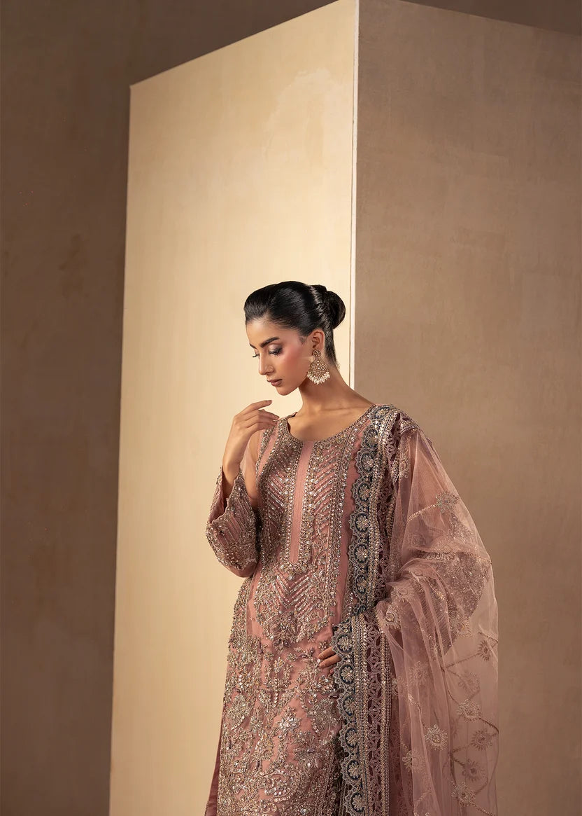 Woman wearing tea pink color dress, close-up of the embroidery and embellishment on the shirt, Buraqstore