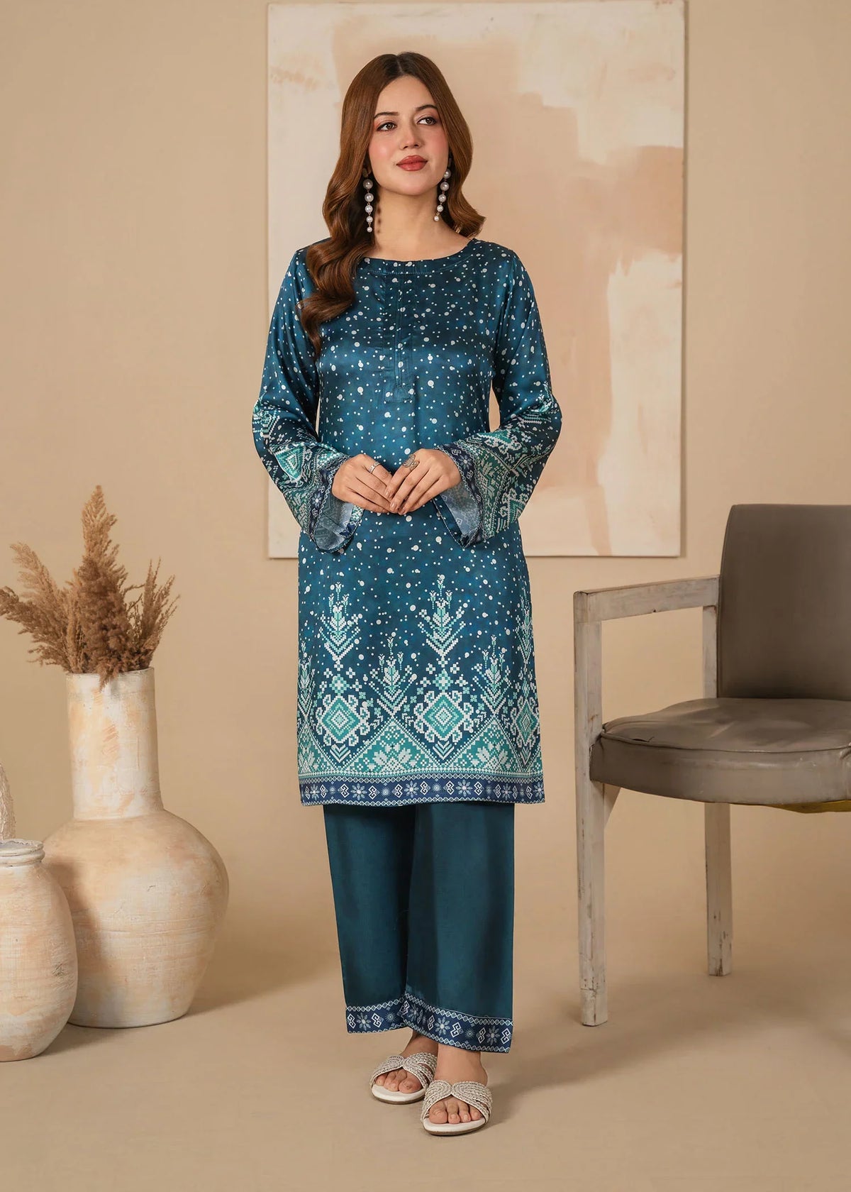 Model wearing teal blue color dress, printed shamooz 2PC set, front view from Buraqstore