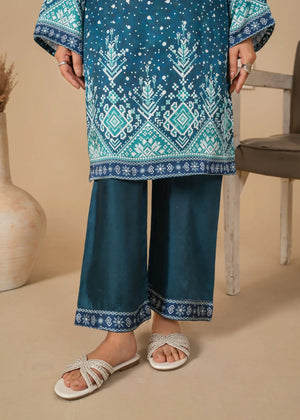 Women wearing teal blue color dress, back view of the printed shamooz shirt and trouser, Buraqstore