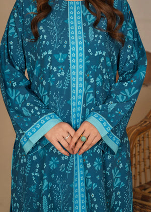 Model wearing teal sea green color dress, side view showing the fit of the printed grip 2PC, Buraqstore