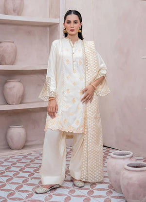 Model wearing white dress for women, embroidered raw silk shirt, trouser and dupatta, front view from Buraqstore