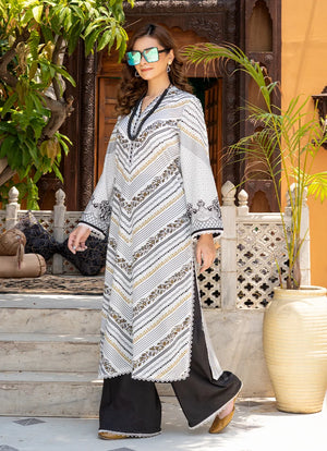 Women wearing white dress design, close-up of the print on the lawn shirt, Buraqstore