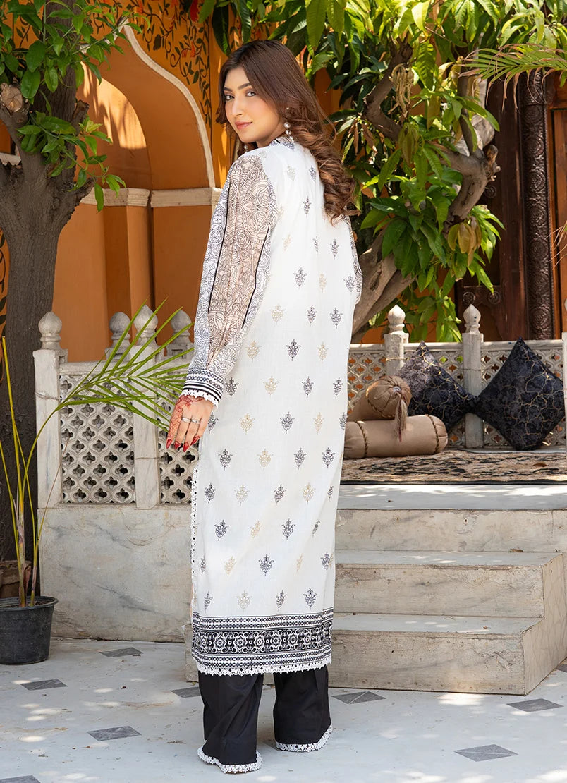 Women wearing white dress pakistani, close-up of the print on the lawn shirt, Buraqstore