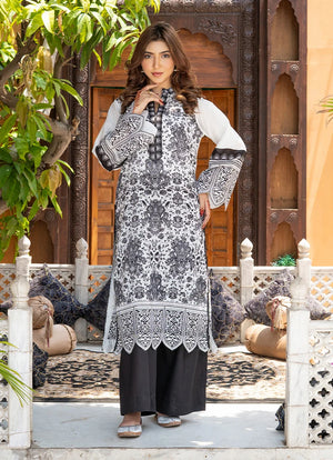 Women wearing simple white dress design, back view of the printed lawn shirt and trouser, Buraqstore