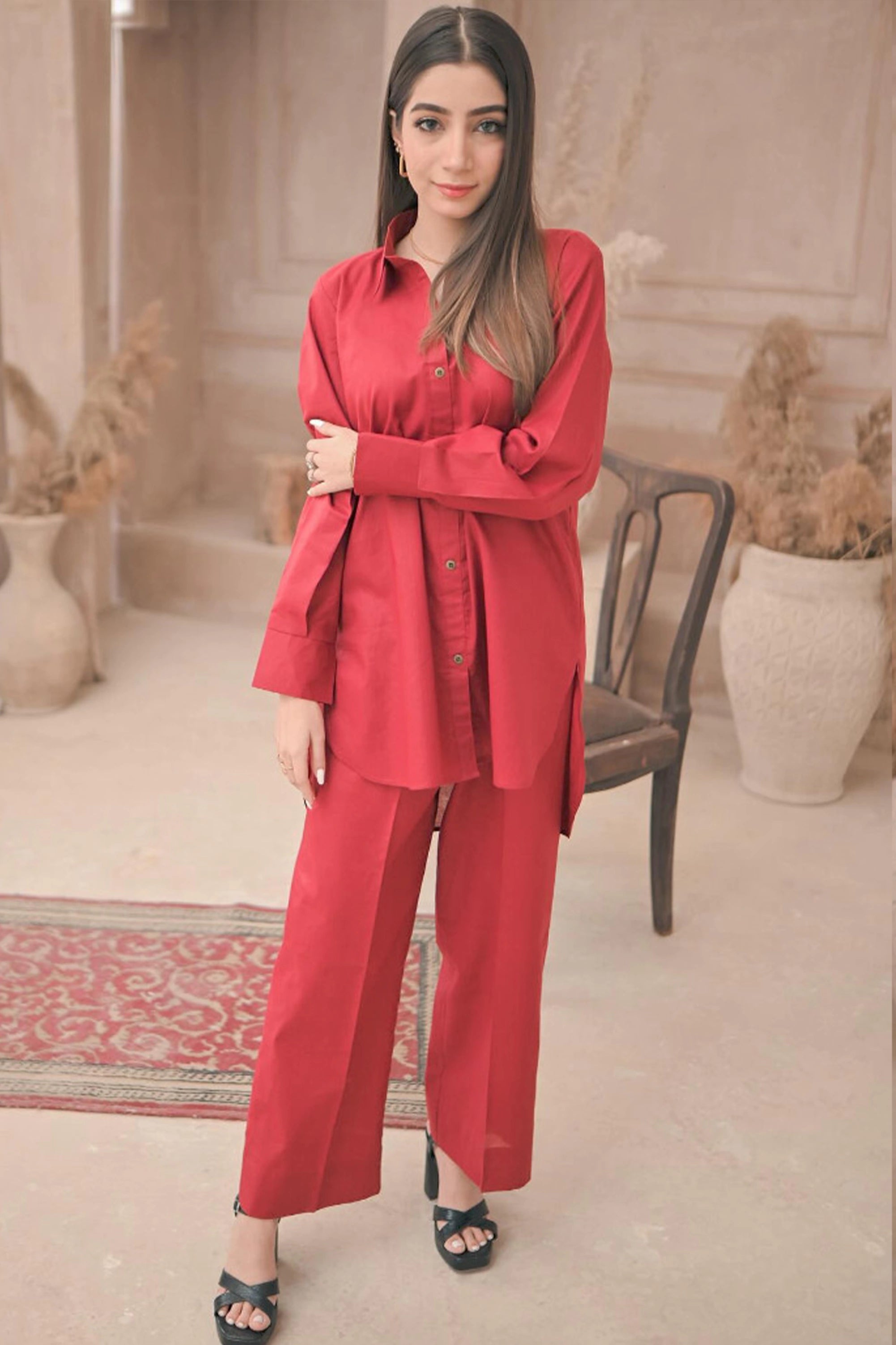 Reddish Maroon Cotton Lawn Co Ord Set