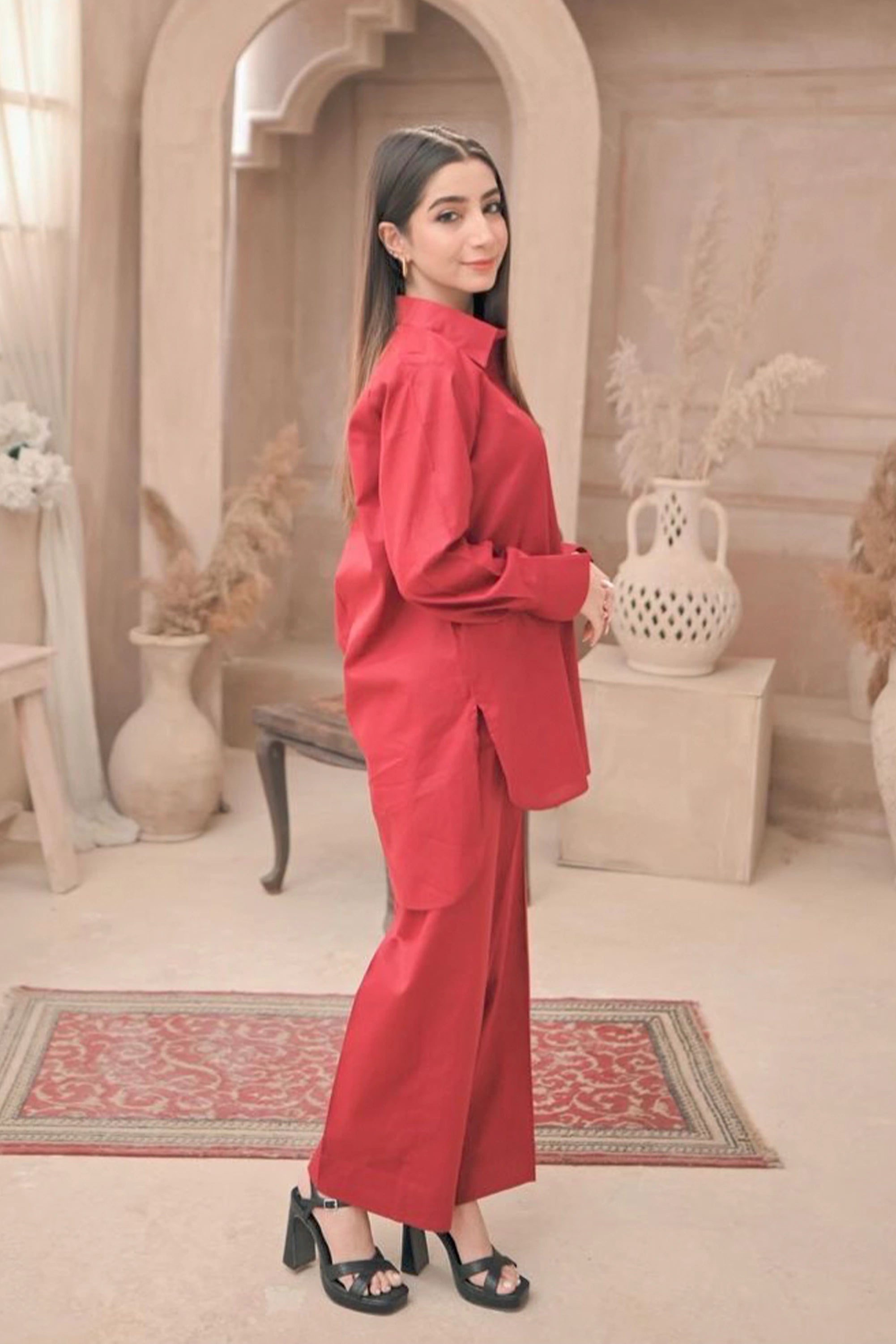 Reddish Maroon Cotton Lawn Co Ord Set