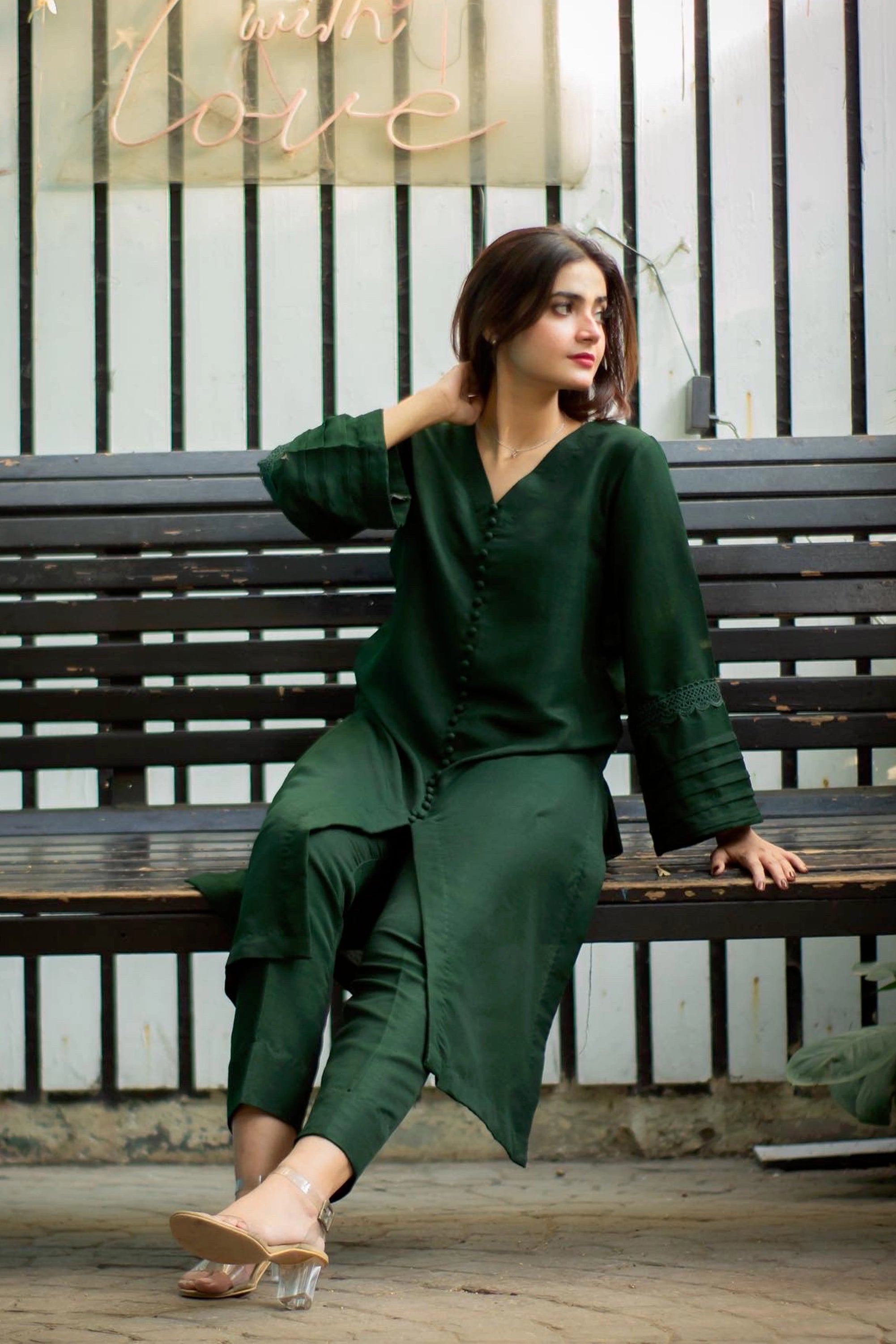 Bottle Green Raw Silk Pret 2Pcs