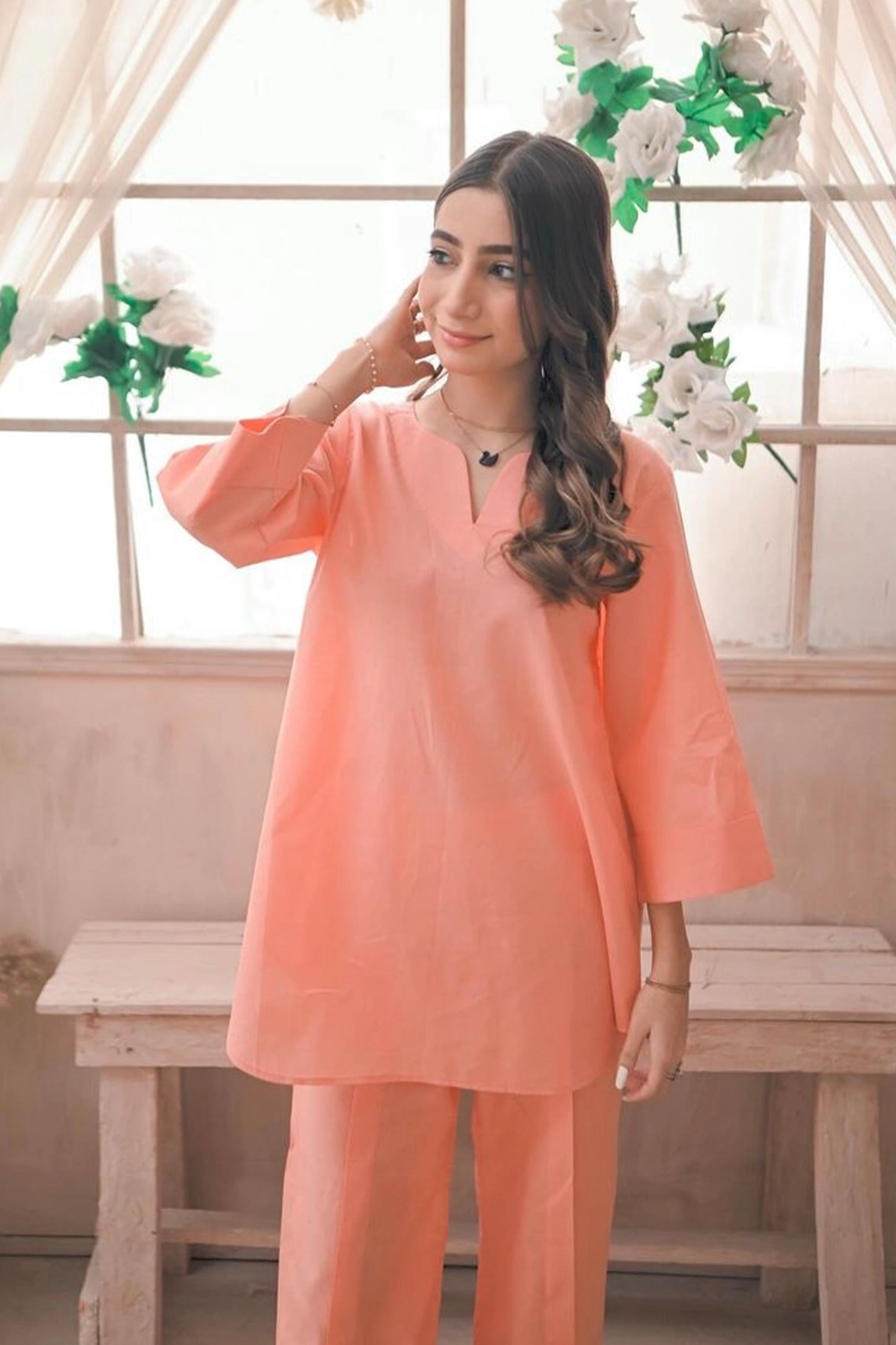 Peach Cotton Lawn Co Ord Set