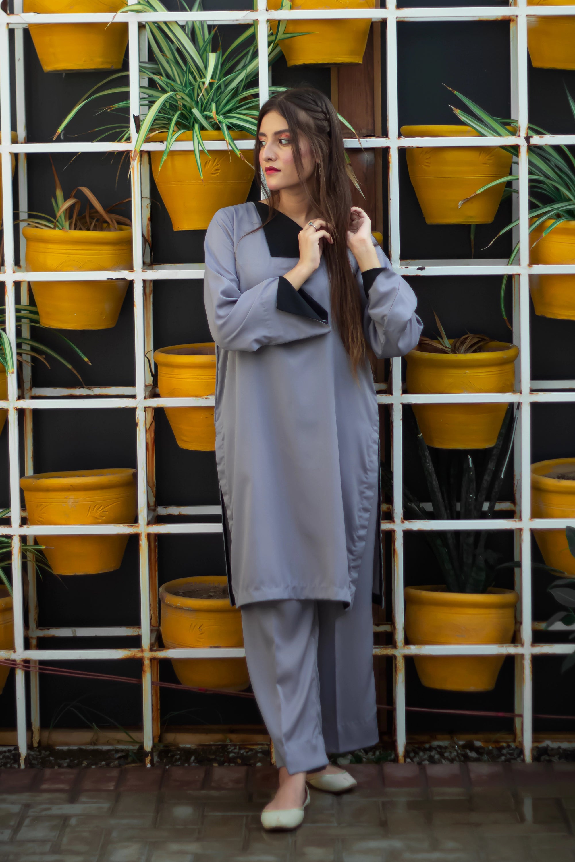 Lava Gray Georgette Pret 2Pcs