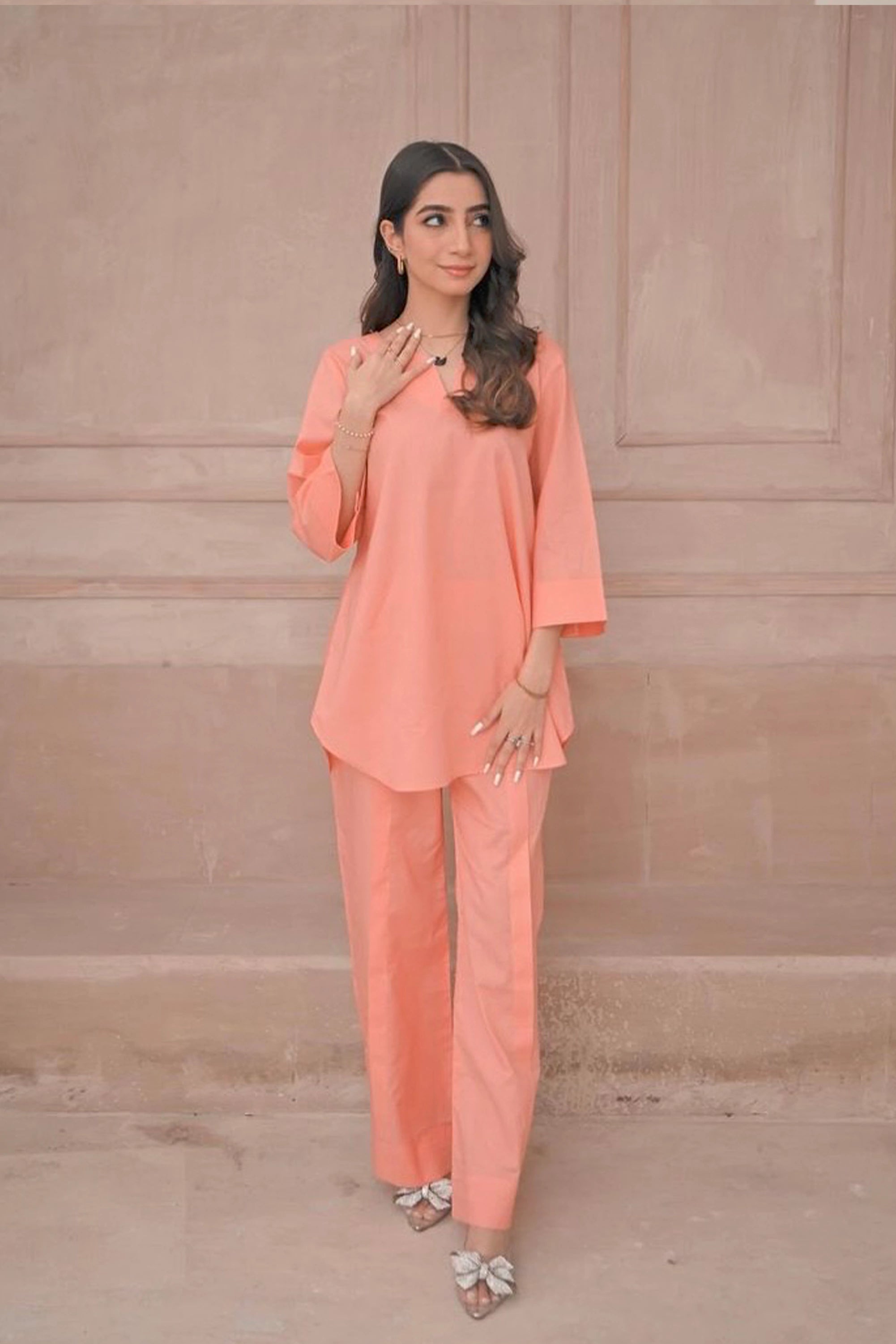 Peach Cotton Lawn Co Ord Set
