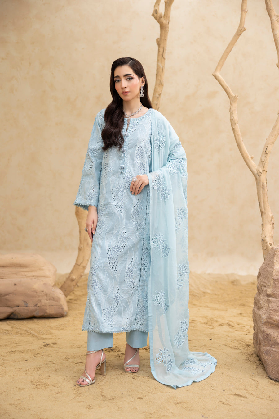 Aqua Chikankari Embroidered 3-Piece Set
