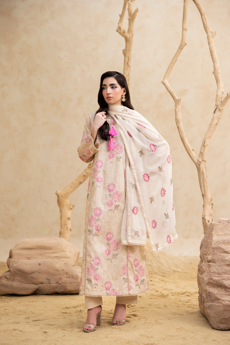 Skin Beige Embroidered 3-Piece Set