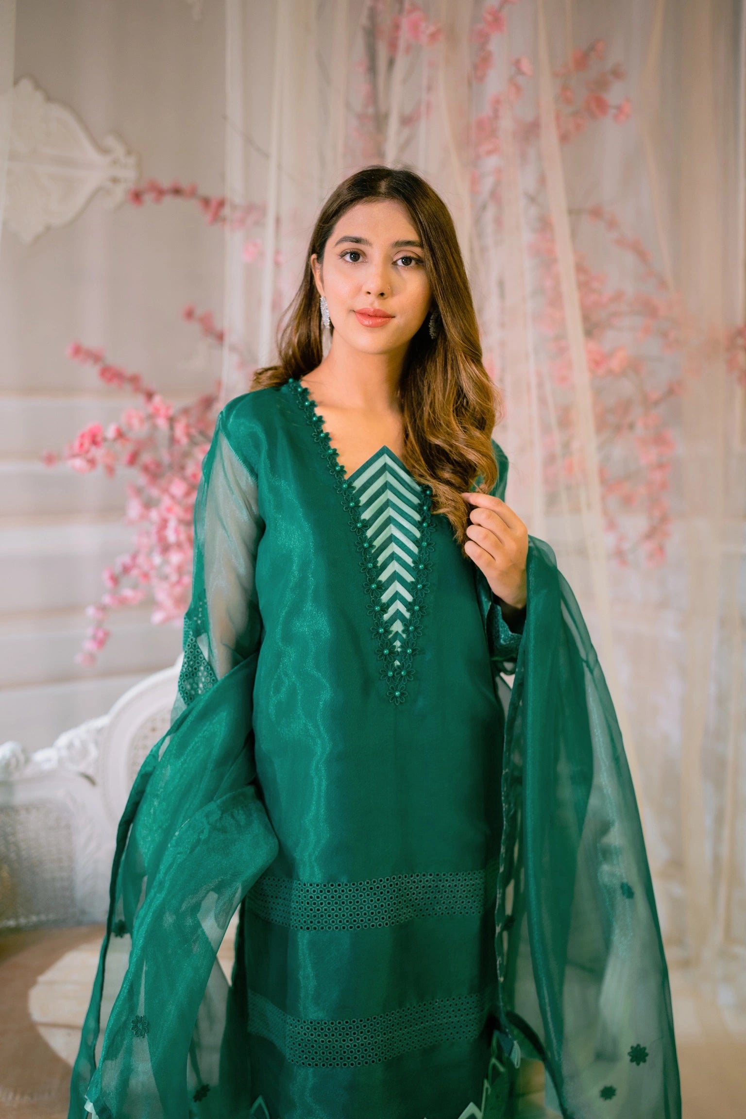 Monarch Green Organza Embellished Pret 3PCs