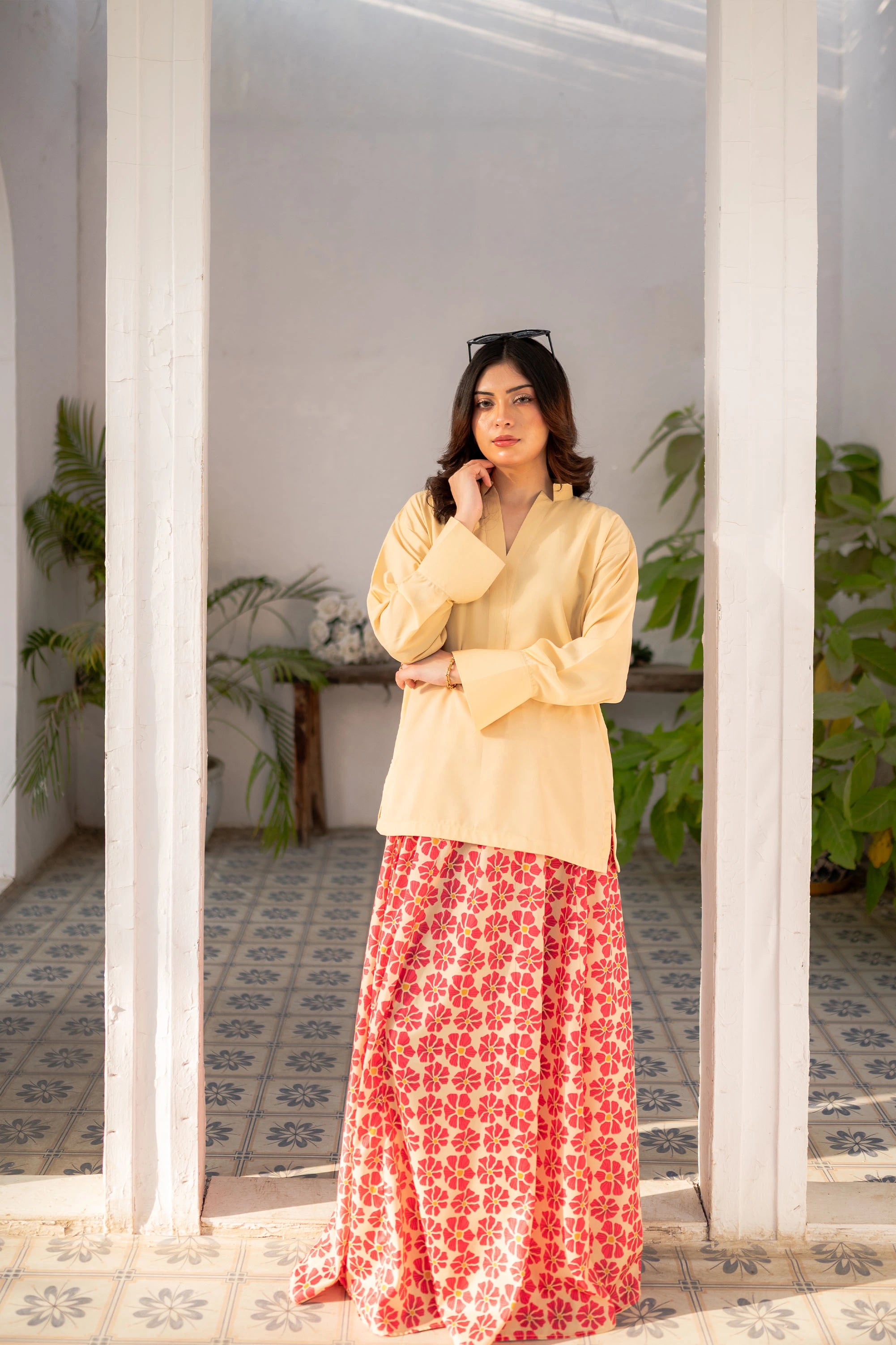 Lemon Yellow Shirt and Printed Skirt 2 PCs