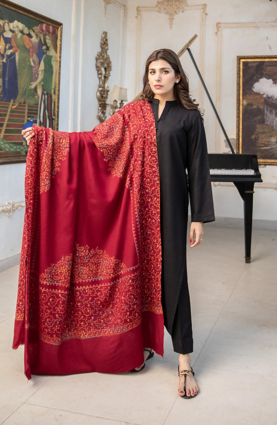 Maroon Pashmina Wool Hand-Embroidered Shawl with border (Needle work)