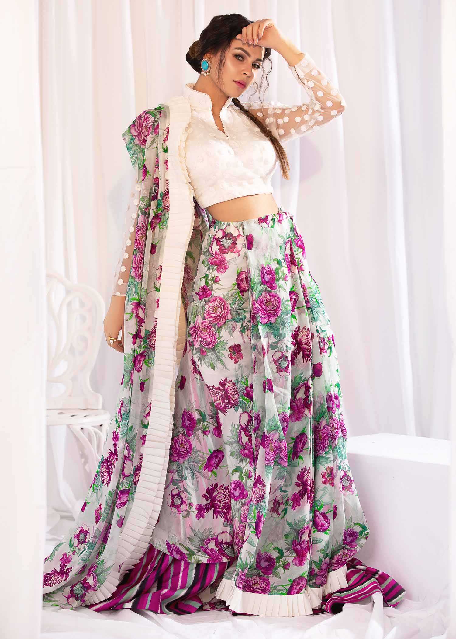 Moonstone Rose - Floral Skirt and Blouse with Dupatta