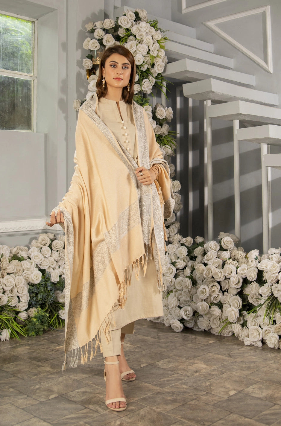 Beige Jacquard Wool Shawl