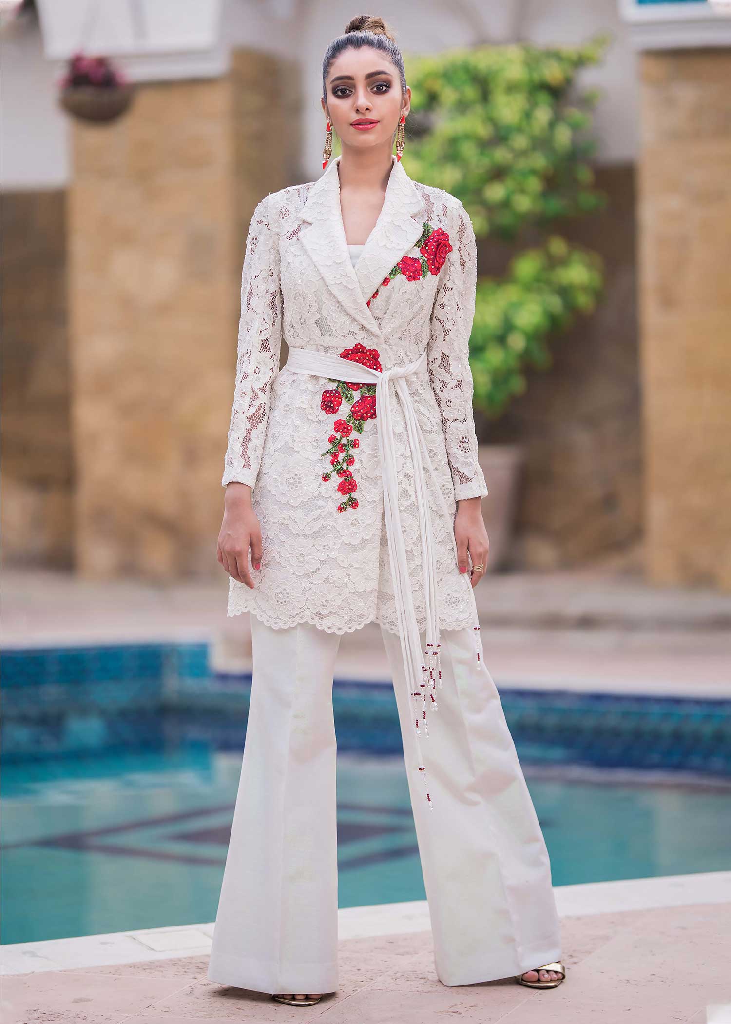 Satin White - Embroidered White Jacket with Flared Pants 2 PCs