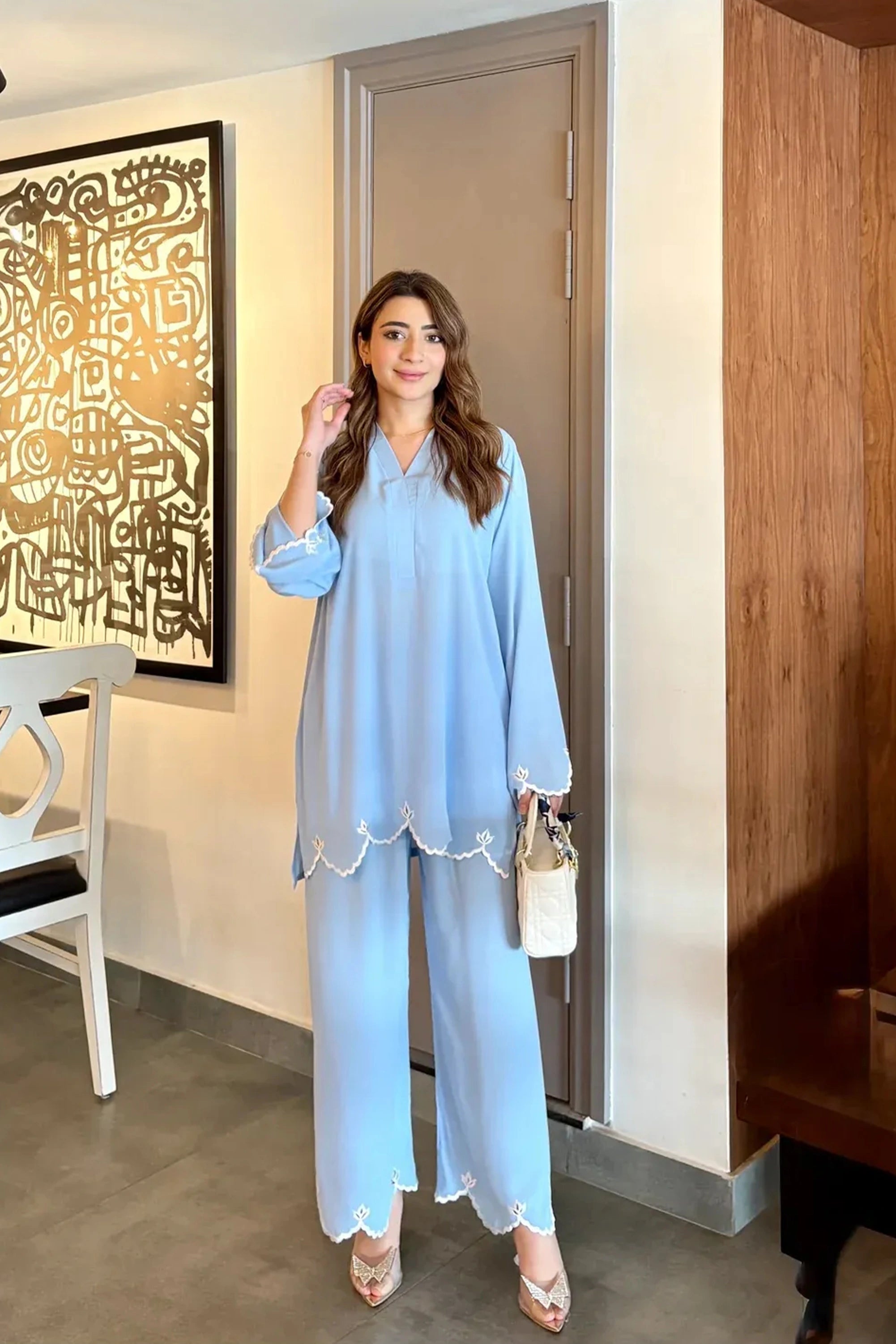 Ice Blue Embroidered Georgette Co-Ord Set