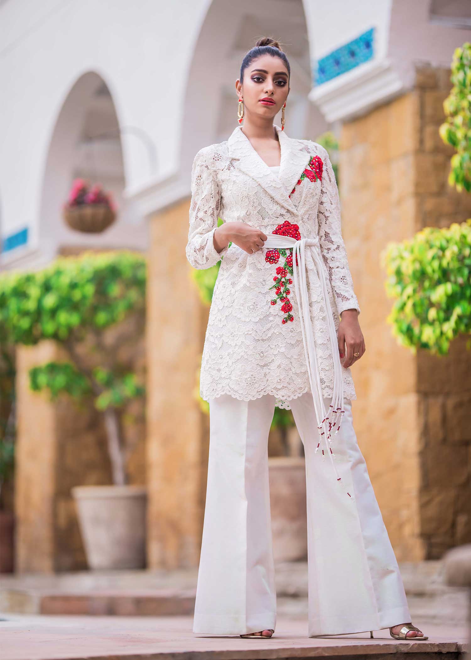 Satin White - Embroidered White Jacket with Flared Pants 2 PCs