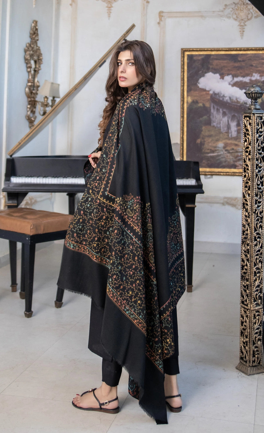 Black Pashmina Wool Hand-Embroidered Shawl with border (Needle work)