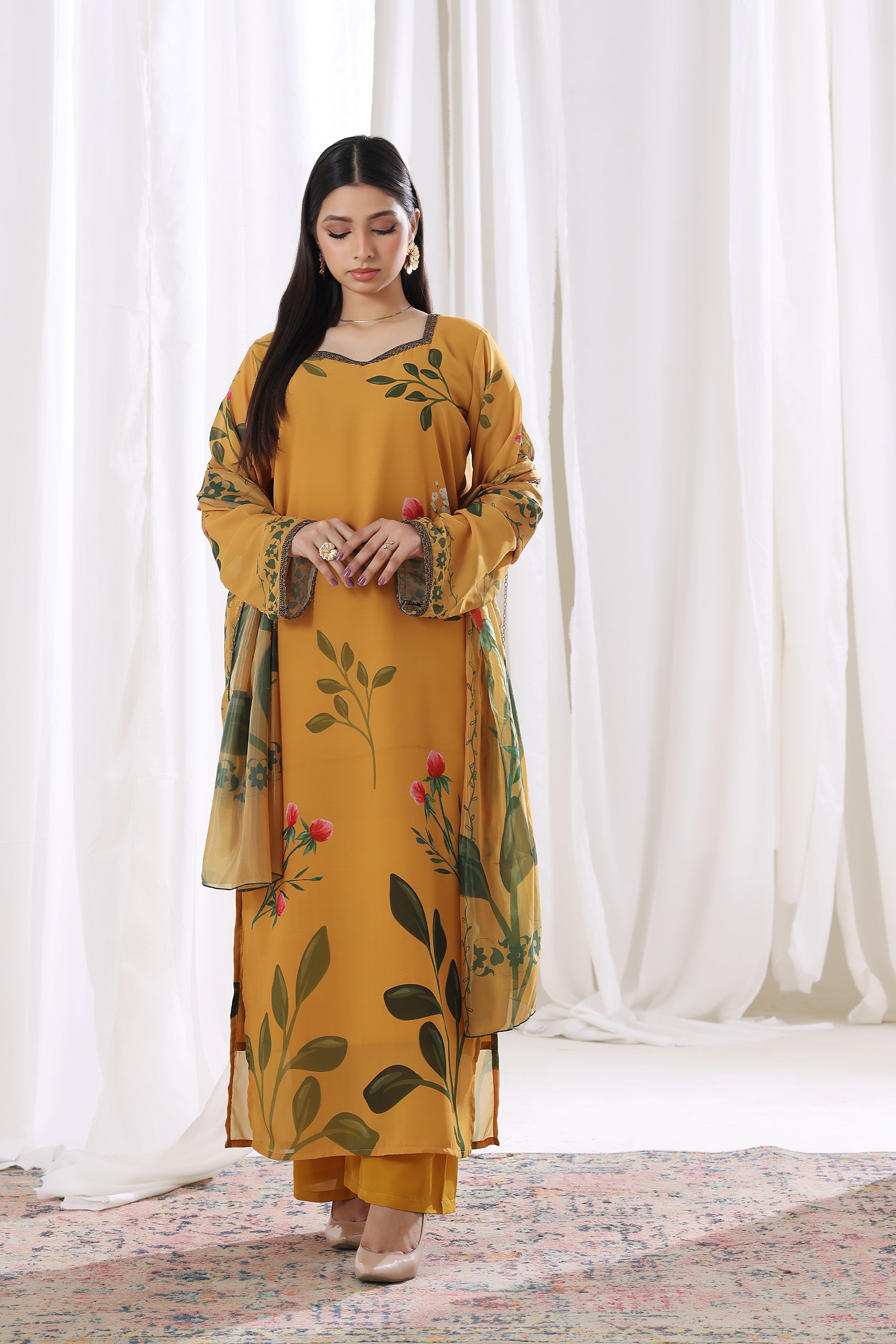 Model in Golden Marigold chiffon pret from Buraqstore, stylish ladies dress for weddings