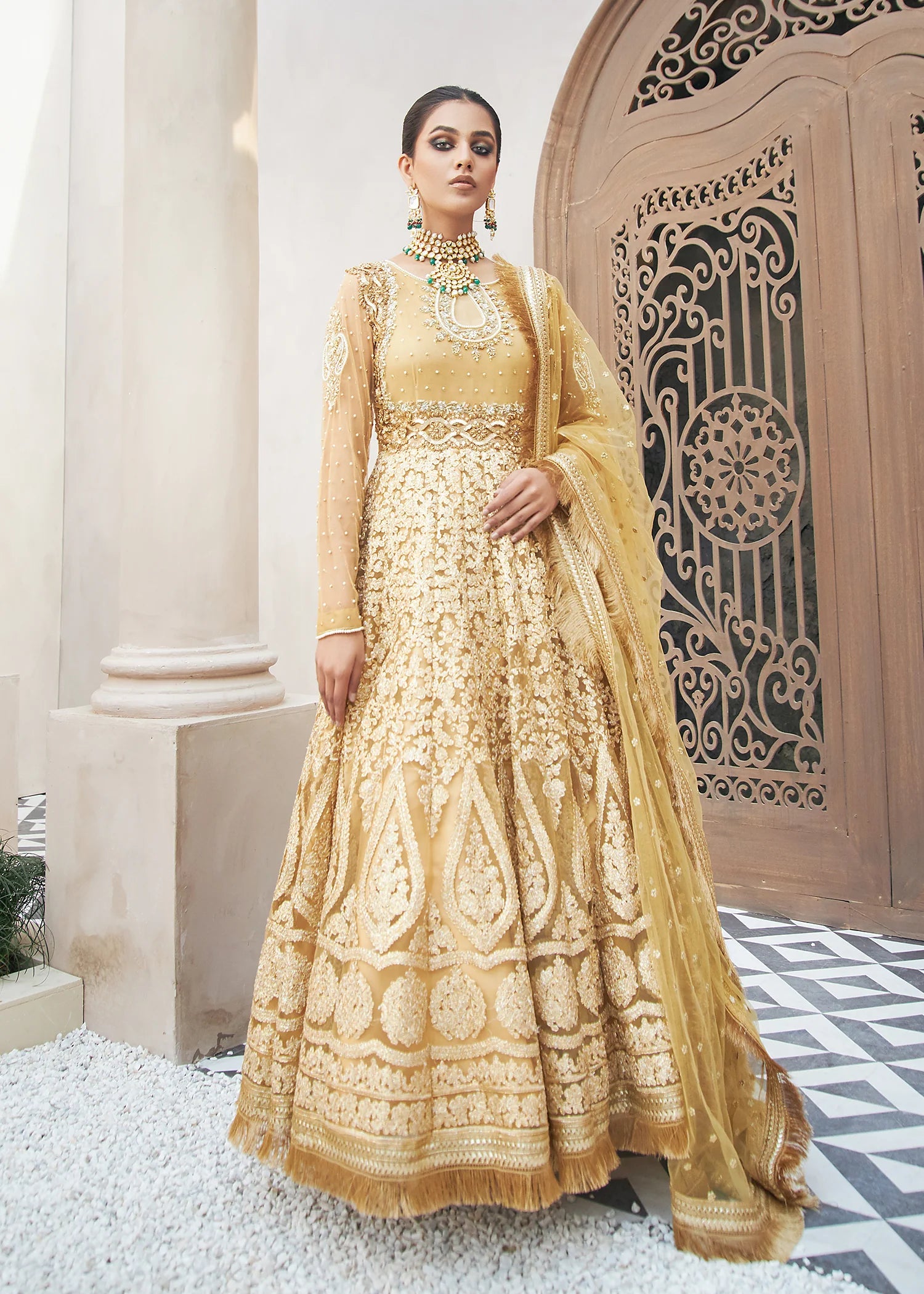 Embroidered Gold Flared Frock 1 PC