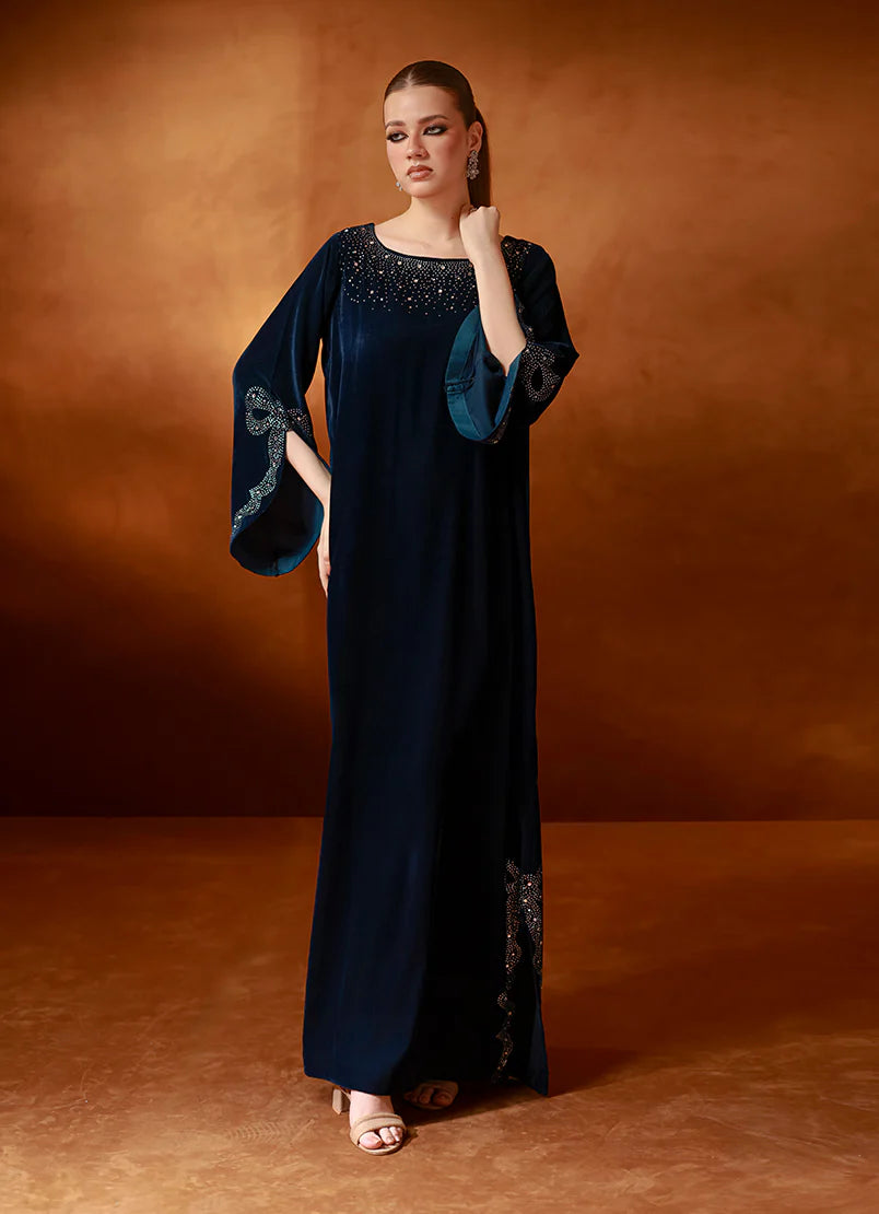 Teal Velvet Kaftan Embroidered Pret 1Pcs