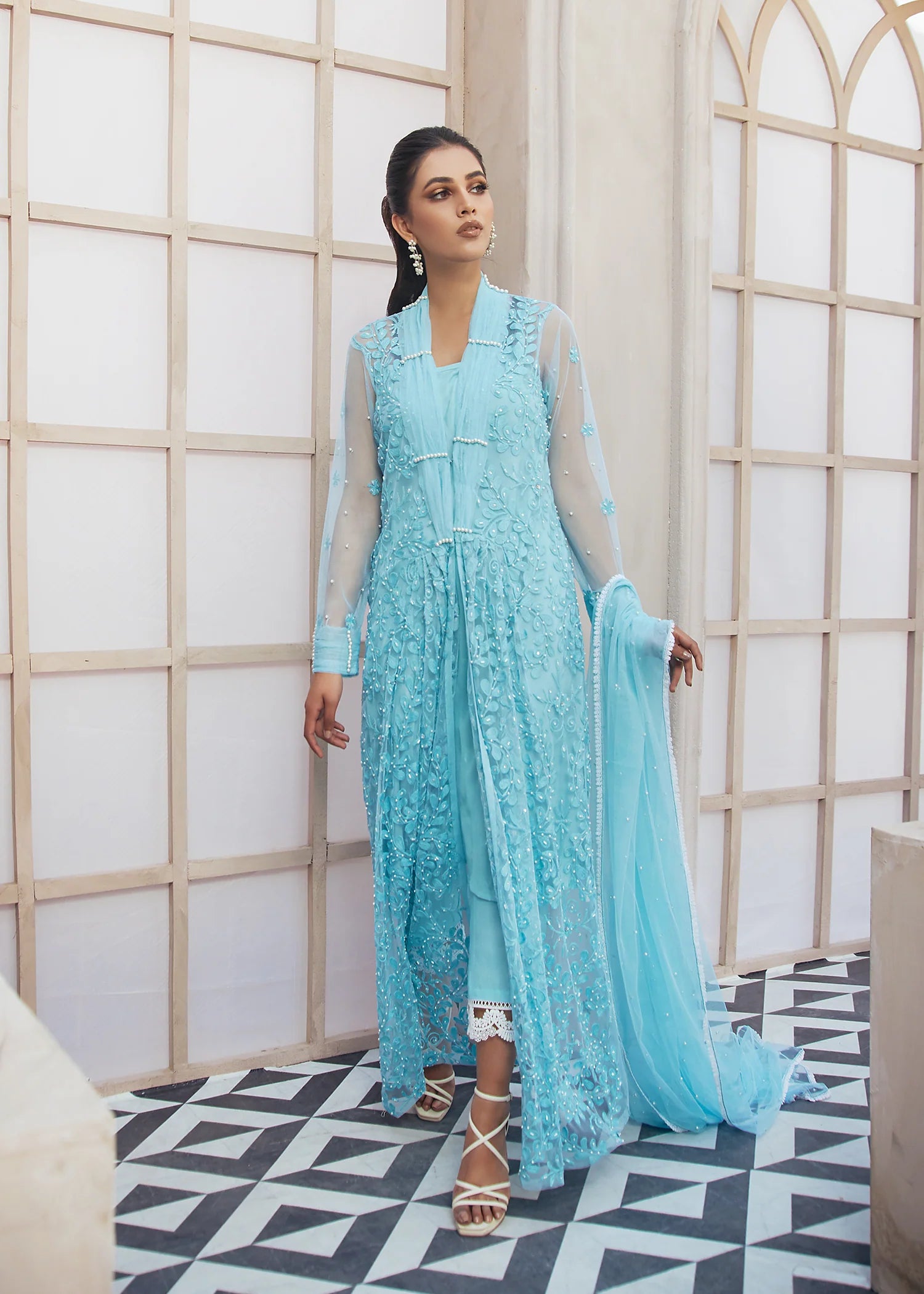 Sky Blue Embroidered Net Suit 1 PC